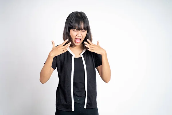 Woman feel hot worried and panicked gesture — Stockfoto