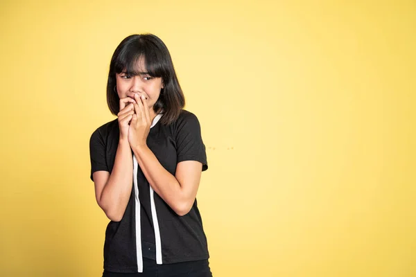 Portrait of asian woman covering her mouth with hands — Foto Stock