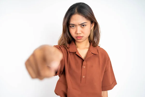 Angry asian woman with finger pointing to camera — Stockfoto