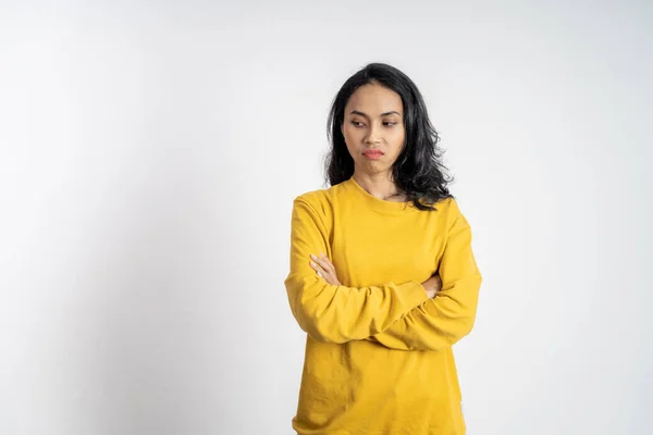 Woman stand cross hand with unhappy sad face on isolated — Stockfoto