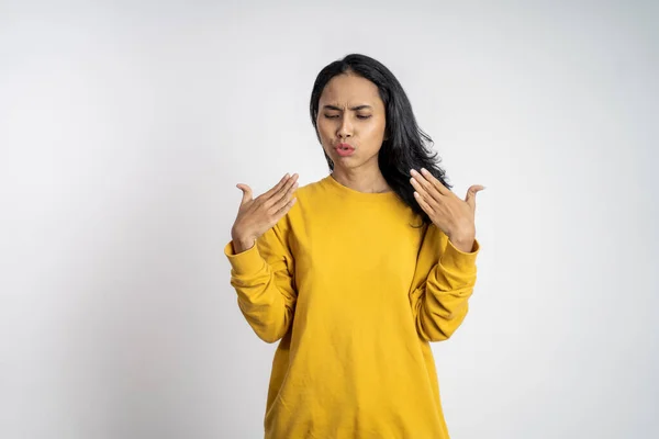 Woman feel hot worried and panicked gesture — Stockfoto