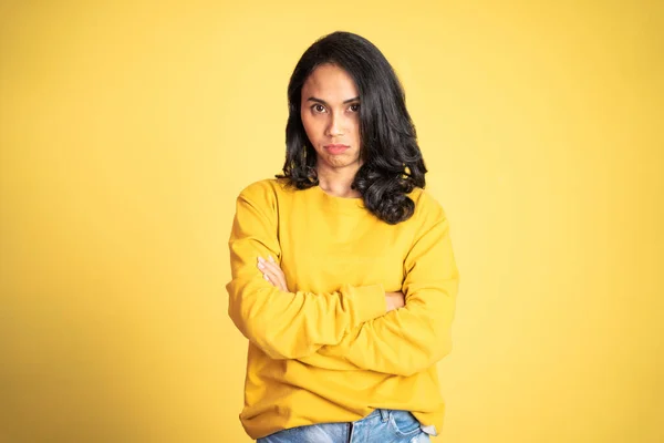 Woman stand cross hand with unhappy sad face on isolated — Stockfoto