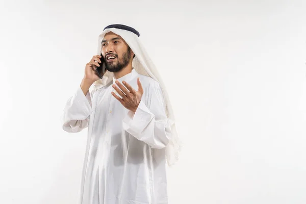 Young Man Turban Calling Using Mobile Phone While Smiling Plain —  Fotos de Stock