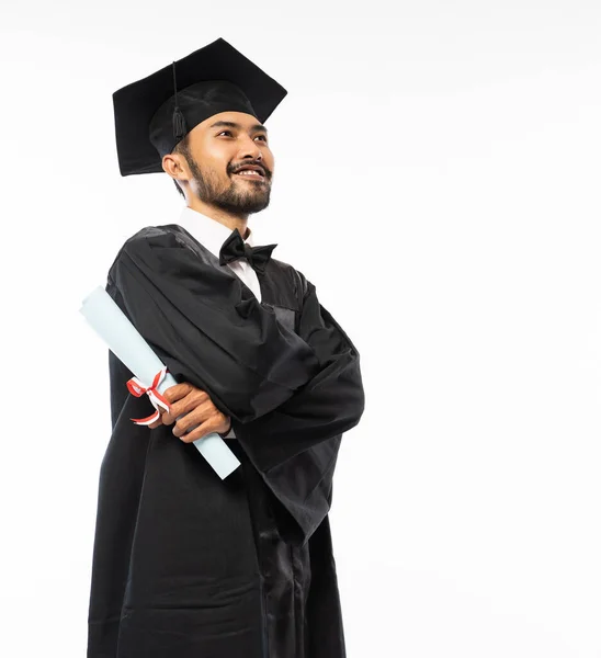 Graduating Man Wearing Toga Folded Hands Standing Holding Certificate Paper — Stok fotoğraf