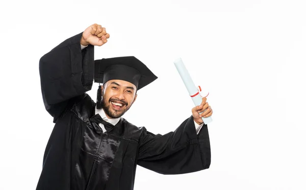Excited Male College Graduate Student Wearing Toga Holding Roll Certificate — Stok fotoğraf