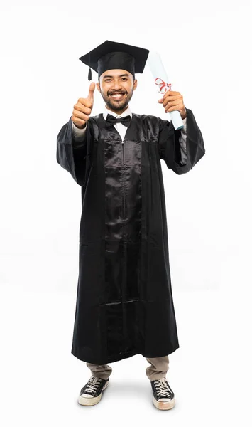 Asian Man Wearing Toga Thumbs Standing Holding Diploma Paper White — Stok fotoğraf