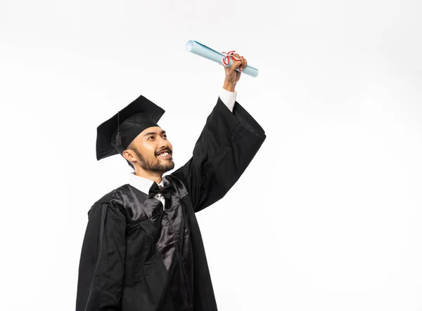 Happy Graduates Honors Black Togas Holding Roll Certificate Paper Isolated — Stok fotoğraf