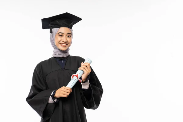 Beautiful Woman Wearing Toga Standing Holding Certificate Roll Copyspace Isolated — 스톡 사진