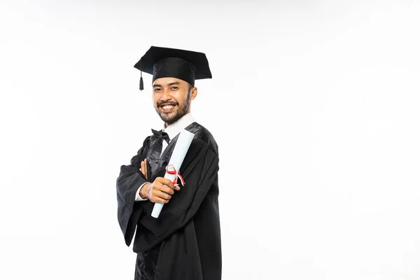 Bearded Adult Man Wearing Toga Smiling Holding Certificate Paper Graduation — Stok fotoğraf