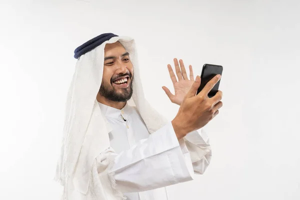Excited Young Man Turban Using Mobile Phone Happily Looking Screen — Stock Photo, Image