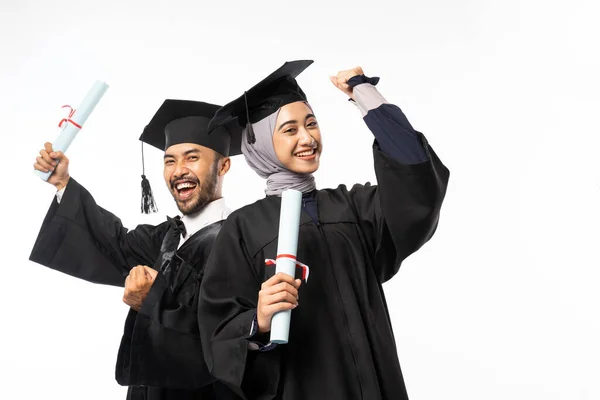 Excited Asian Female Male Graduate Students Carrying Certificate Isolated Background — Stok fotoğraf