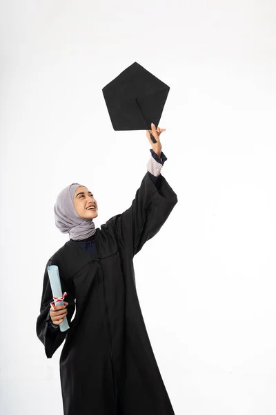 Young Graduate Female Student Toga Holding Blackboard Hat Standing White — Stock Fotó
