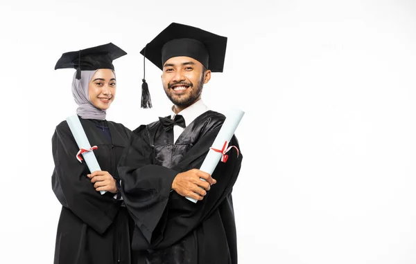 Smiling Male Female Graduate Students Wearing Togas Holding Certificates Standing — Stock Fotó