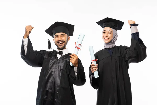 Excited Graduate Wearing Toga Holding Roll Diploma Paper University Graduation — Stock Fotó