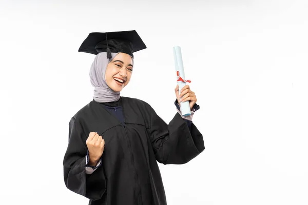 Excited Female Graduate Student Black Toga Holding Certificate Roll Isolated — Stok fotoğraf