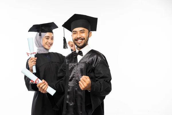 Excited Male Female Graduate Students Togas Holding Certificates Standing Isolated — Stock Photo, Image