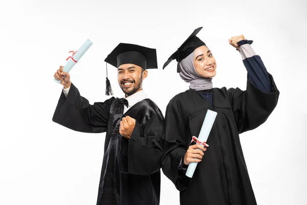 Female Male Graduate Students Wearing Togas Clenched Hands Isolated Background — Stok fotoğraf