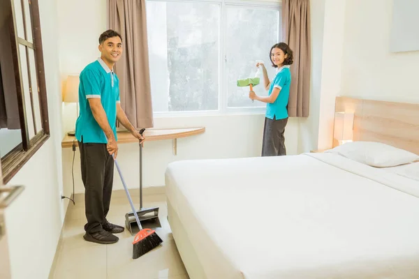 Two Housekeeper Turquoise Uniform Cleaning Room Cleaning Tools Hotel Room — Photo