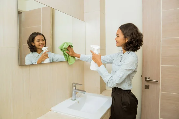 Janitor Cleaning Mirror Spraying Wiping Mirror Cloth Bathroom — Stock Photo, Image