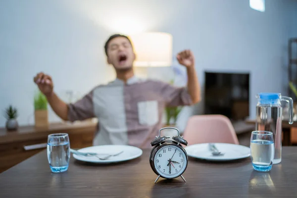 Tired Muslim Male Wake Early Have Morning Breakfast Fasting Month — Zdjęcie stockowe