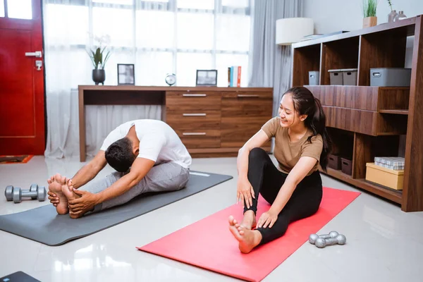 Portrait Young Asian Couple Workout Together Home Stretching Body — Foto de Stock