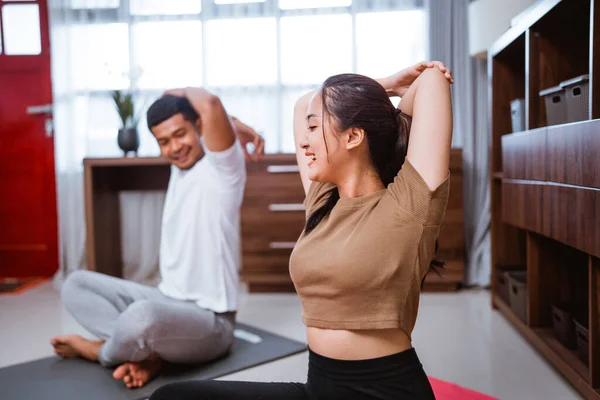 Portrait Young Asian Couple Workout Together Home Stretching Body — 图库照片