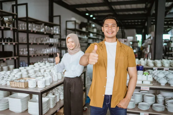 Handsome Asian Man Smiling While Standing Thumbs Houseware Store — 图库照片