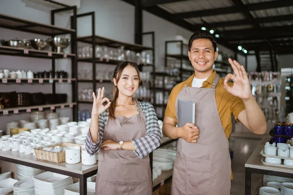 Two Shop Owners Apron Holding Digital Tablet Standing Okay Hand — Fotografia de Stock