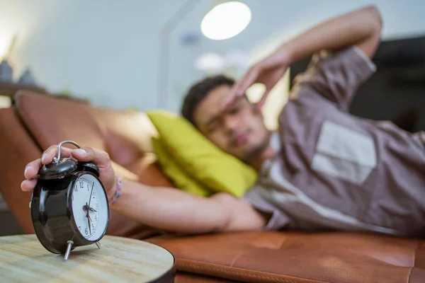 Portrait Young Sleeping Muslim Man Bed Turning Alarm — Stock Photo, Image