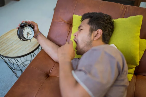 Portrait Young Sleeping Muslim Man Bed Turning Alarm — Stock Photo, Image