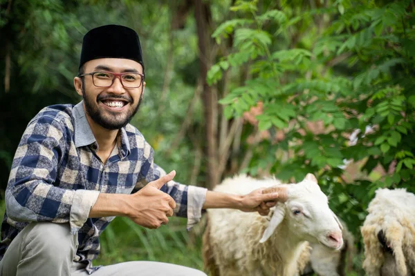 Farm Animal Trade Eid Adha Sacrifice Man Farmer Seller Goat — Stok fotoğraf