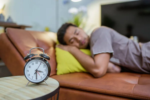 Portrait Handsome Young Asian Man Sleeping Bed Table Clock Foreground — Zdjęcie stockowe