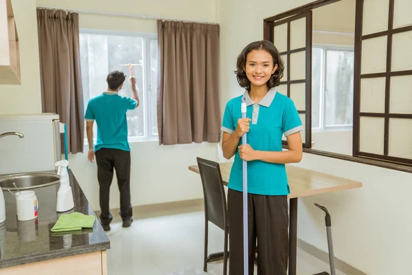 Asian Female Janitor Wearing Turquoise Uniform Standing Holding Broom Hotel — Photo