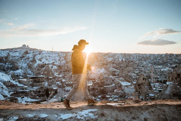 Young Asian Man Walking Alone Beautiful Snowy City Cappadocia Landscape — Stok fotoğraf