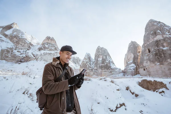 Portrait Man Using Phone Valley Cappadocia — Stock Photo, Image