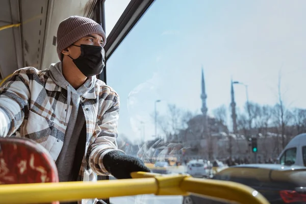 Portrait Young Asian Man Mask Looking Window Bus — Zdjęcie stockowe