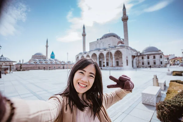 Beautiful Asian Woman Taking Selfie Portrait Front Mosque Konya Turkey —  Fotos de Stock