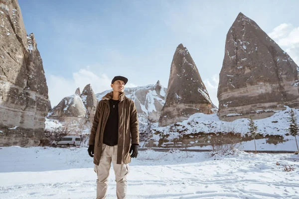 Young Asian Man Walking Alone Beautiful Snowy Landscape — Stockfoto