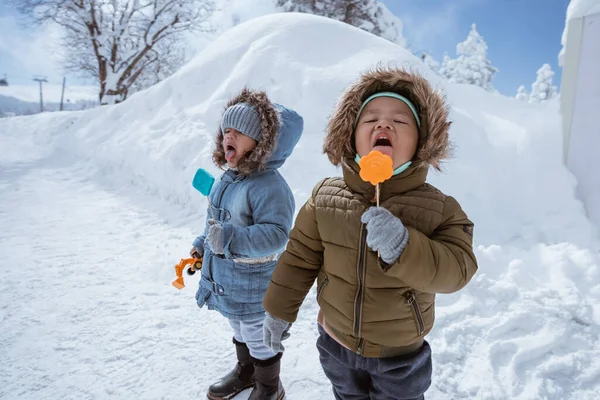 Two Little Kid Licking Lollipop While Standing Snow Outdoor — 스톡 사진