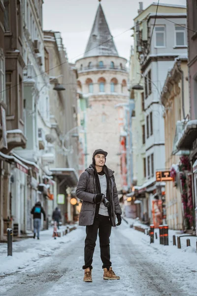 Asian Man Standing City Istanbul Snow Winter Time — Stock Photo, Image