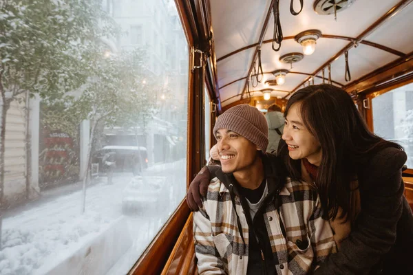 Portrait Young Asian Man Woman Looking Snow Train Window Couple — 图库照片