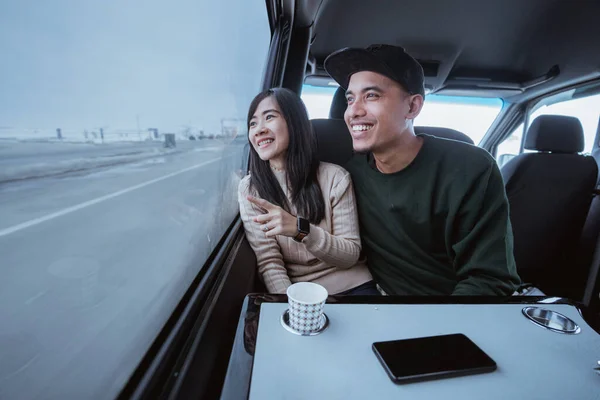 Asian Couple Enjoy Trip Van Sitting Next Window Looking Beautiful — Stock Photo, Image