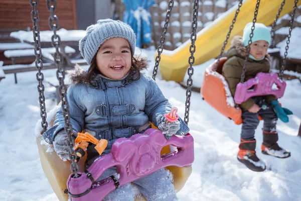 Close Portrait Cute Little Girl Smiling While Swinging Playground Full — 스톡 사진