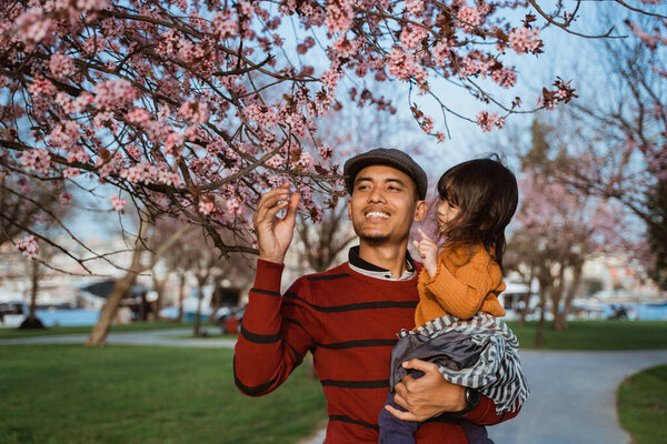 happy father and daughter looking at cherry blossom in the park