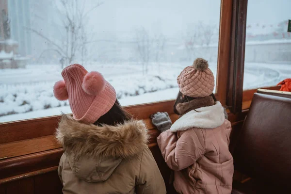 Two Asian Little Girl Enjoy Riding Tram Winter Snow Looking — 스톡 사진