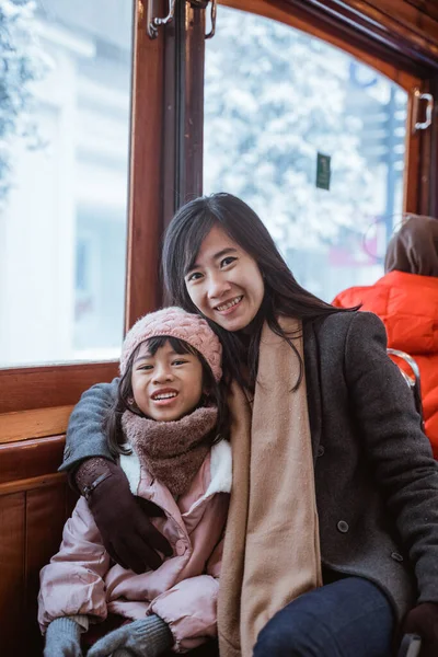 Portrait Happy Mother Daughter Riding Tram Visit European Country — ストック写真