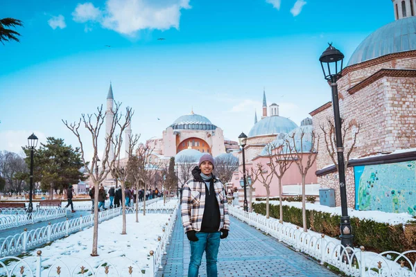 Male Tourist Visiting Hagia Sophia Man Smiling Front Turkey Most —  Fotos de Stock