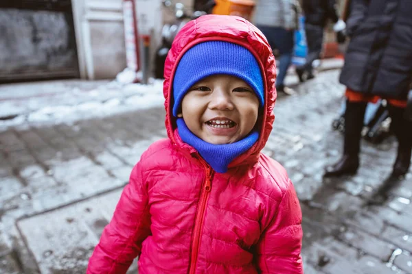 Excited Boy Toddler Wearing Red Hoodie Winter Smiling Camera —  Fotos de Stock