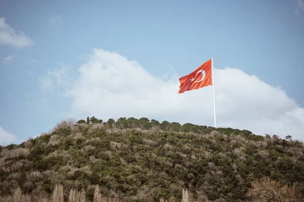 Turkey Flag Blue Sky Waving Beautifully Hill — 스톡 사진