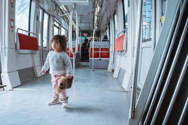 Portrait Cute Little Asian Toddler Empty Tram — Stok fotoğraf